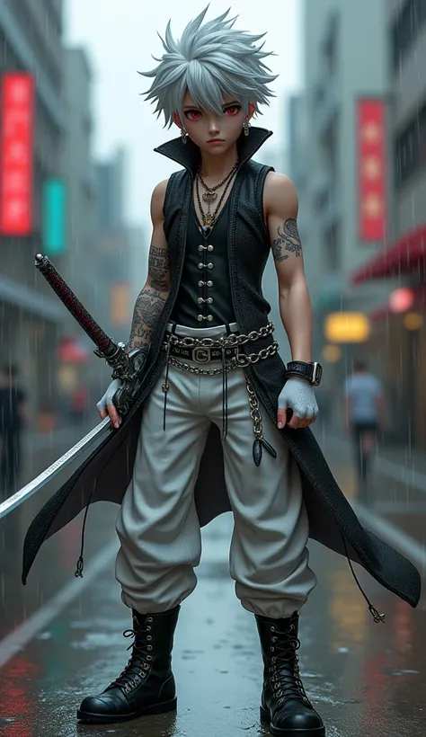 3D anime style,  boy, silver hair, black cross earrings, cold expression, band-aid on face, red eyes, black sleeveless vest with multiple zippers, collared vest, vest with chain, closed vest, arm tattoo , silver bracelet, silver belt, white fingerless glov...