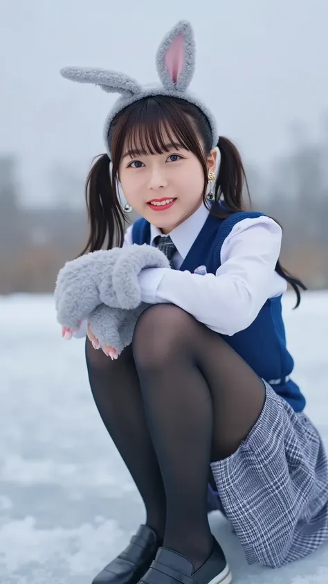 (8k), ( top quality: 1.2), ( is present), ( is present: 1.37),  ultra high resolution,  in the seat,  cute,  sitting has a smiling face,  blanking,Shut up, Pink lips, beautiful details, Beautiful Nose,   beautiful black hair , bangs, twin tails,( rabbit ea...