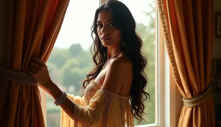 Front view of Beautiful Indian girl with wavy long hair, bohemian dress, Withdrawing the curtain of the luxurious appartments's window. hyper realistic, photo realistic