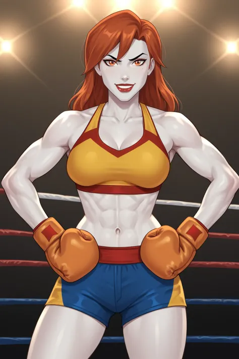 PonyXLV6_Scores BREAK (perfect anatomy, perfect eyes), BREAK mgann morzz, red hair, colored skin, white skin, orange eyes, makeup, lipstick, flirting, raised eyebrow, ((looking at viewer)), superhero, dark orange boxing gloves, dark orange boxing shorts, c...