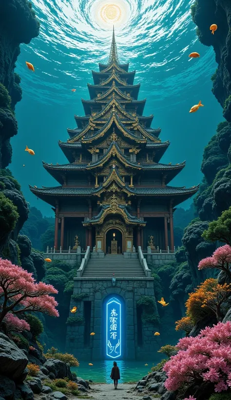  A majestic underwater palace ,  the Ryūgū-jō , resplandeciente bajo las Waters del océano.  The palace is built with shiny coral structures , pearls gigantes y piedras preciosas que emiten una luz suave y mágica.  The towers of the Palace rise elegantly ,...