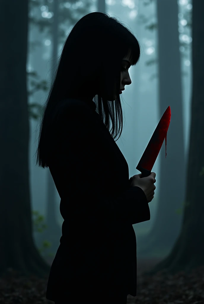  Create an image of the silhouette of a woman  ( basically just her shadow ) From the front to the side ,  looking and holding a kitchen knife and with blood flowing through the blade, The setting is a forest , At night.   The woman has straight, black hai...