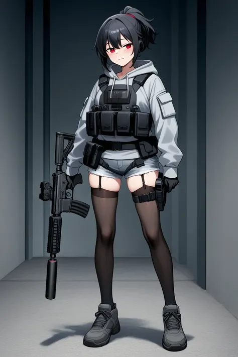 A tactical anime-style adult female soldier wearing tactical gear with a glamorous figure with sex appeal。Tie your silvery hair into a short ponytail、 has red eyes 。 has a confident and seductive look 。 equip it with black tactical armor over a gray hooded...