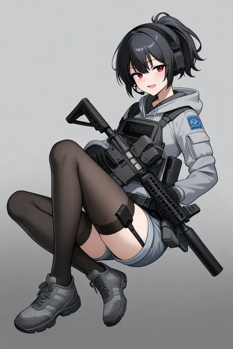 A tactical anime-style adult female soldier wearing tactical gear with a glamorous figure with sex appeal。Tie your silvery hair into a short ponytail、 has red eyes 。 has a confident and seductive look 。 equip it with black tactical armor over a gray hooded...