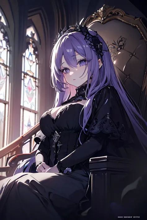 a beautiful woman with long lavender hair, beautiful detailed eyes, beautiful detailed lips, extremely detailed face, long eyelashes, elegant gothic dress, sitting on a throne in a dark fantasy castle, dramatic lighting, cinematic composition, digital pain...