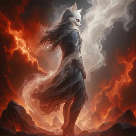 abstract painting, a woman silhouette, she's made of smoke, she's barefoot, she has a white fox mask and black hair, in a fire storm, powerful, epic, 4k