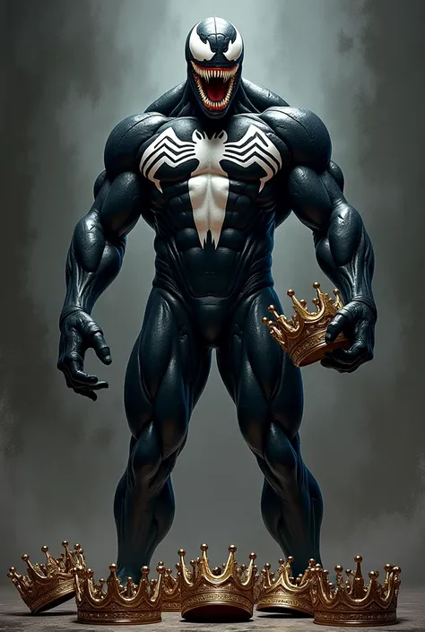 Venom holding a crown in one hand and 6 crown lalaying on the ground 