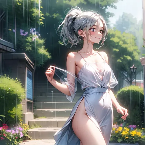 1 girl about 、 short silver-haired ponytail 、White see-through dress、 Super Skinny、 big ass、 holding chest 、A gentle smile、Narrow-eyed 、 angle above thigh、 high quality、 HD、 Shrine grounds、 wet in the rain、Take a walk around the precinct、