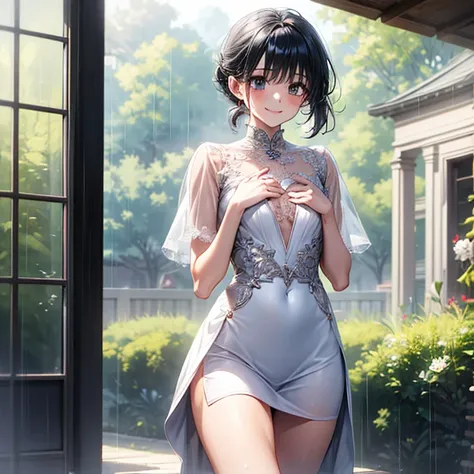 1 girl about 、 short silver-haired ponytail 、White see-through dress、 Super Skinny、 big ass、 holding chest 、A gentle smile、Narrow-eyed 、 angle above thigh、 high quality、 HD、 Shrine grounds、 wet in the rain、Take a walk around the precinct、