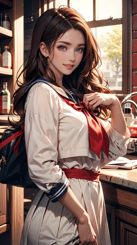 26 year old Caucasian female、The hair color was reddish、Hair is wavy、リボンin髪を飾る、Eye color: blue、 long hair、Slender、smile、Wearing a sailor suit、 wearing red bean colored ribbon ties .、she&#39; wearing a dark blue pleated skirt .、I&#39;m wearing low heels 、 i...