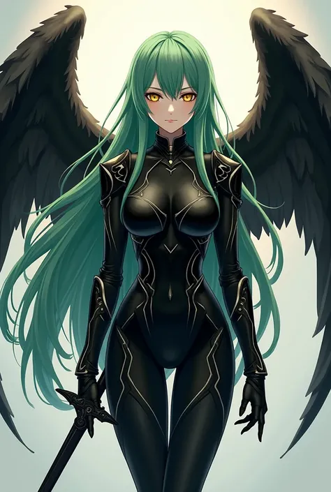 ( top quality,  best angle quality,  official art ,  full body,  and aesthetics :1.2)  Anime Girl, Crow wings on the back,  golden eyes,  long green hair , Armadura preta, black shirt,  black pants,  holding sword.
