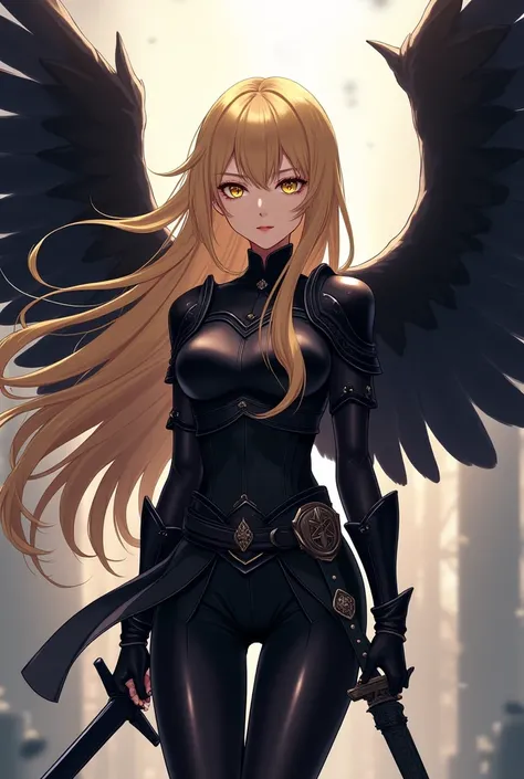 ( top quality,  best angle quality,  official art ,  full body,  and aesthetics :1.2)  Anime Girl, Crow wings on the back,  golden eyes, long yellow hair, Armadura preta, black shirt,  black pants,  holding sword.
