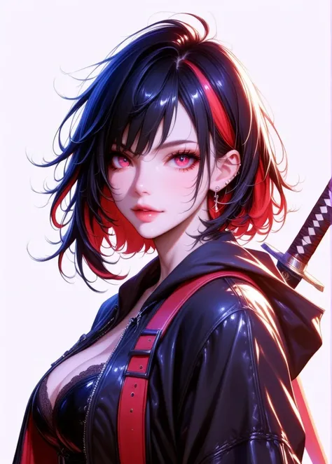 masterpiece, best quality, 1girl, solo, black hair, streaked hair, red hair, red eyes, messy hair, lineart, monochrome, red sword, fighting stance, strong contrast, foreshortening, simple background, black background, sword, hooded jacket, hood up, looking...