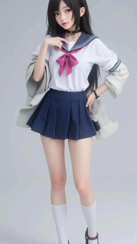 futuristic，   Japanese Girl Standing Very Confidently ，  wearing the correct JK school uniform   ，  White Knee Socks  ，  ，   Exquisite Face Features  ，  Precise Beautiful Legs  ，  Wrong Compound  ，ribbon，  Wrong Compound  ， Big Chest  ，stocking，cute shoes