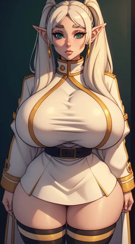 1 ,  white hair,  long hair,  two side ponytails on both sides,  green eyes,  pointed ears,  big boobs,  big ass,  thick thighs,  wide hips, cintura fina,  white overcoat with gold edges , striped clothes,  black pantyhose, white skirt with gold edges 