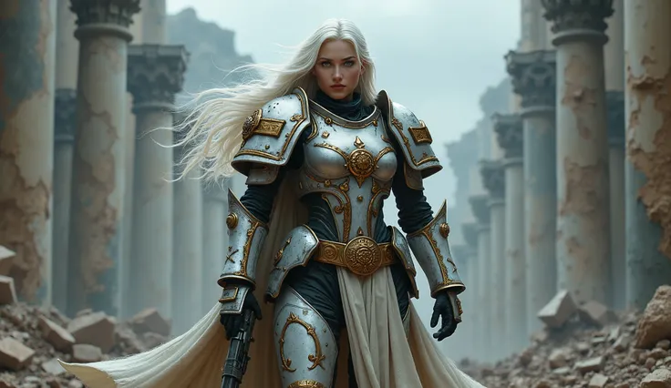 warhummer, battle sisters,  Girl,  long white hair ,  blue eyes,  Beautiful, on the ruins