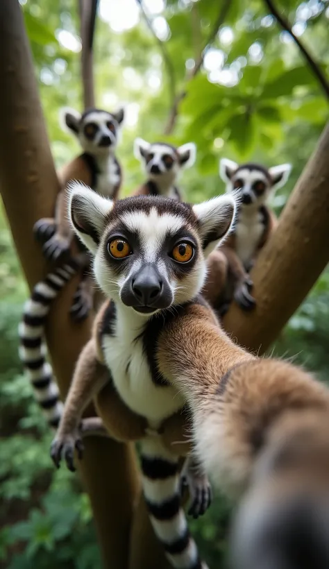 A close-up of a lemur taking a selfie while perched on a tree branch, surrounded by a group of other lemurs in the background. The main lemur's face is in sharp focus, with its large, bright eyes and striped tail curling around the branch, while the others...