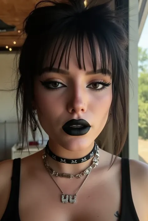 1girl, woman, emo_hairstyle, black lipstick, big choker, eyeliner, eye shadow, mascara, smoky eyes, black lips, bedroom, natural lighting, perfect face, emo, big breasts, black lips, sweatshirt, over the shoulder, tattoo