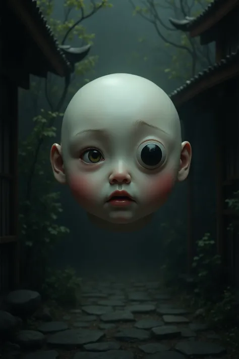 A highly realistic and lifelike depiction of a one-eyed yokai in the form of a . This small, disembodied face has a single large eye in the center, giving it an eerie yet innocent or mischievous expression. The facial features appear youthful, with smooth ...