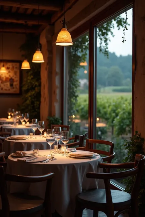 Background for photo, Fino restaurant ,  dark lighting,  vineyard in the background on the right, tables