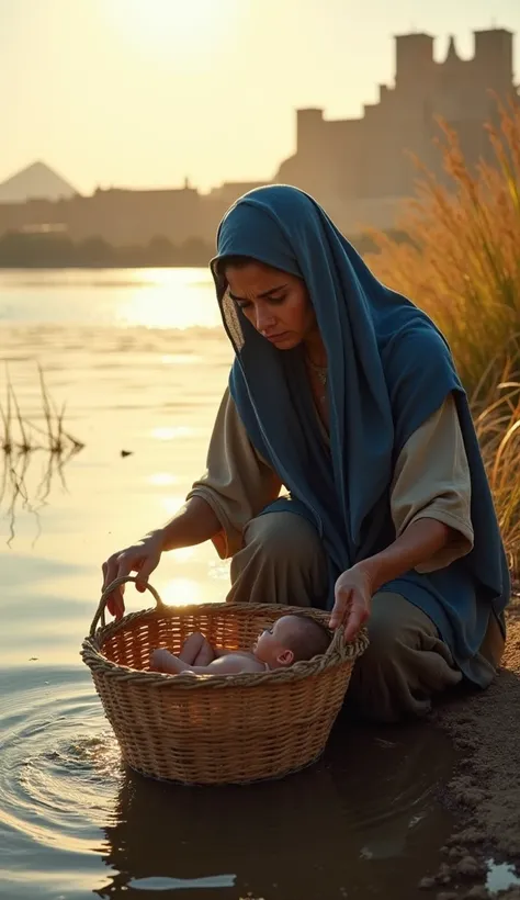 A Hebrew woman with worried eyes, hair covered by a blue veil, kneels at the edge of the Nile River, carefully placing a reed basket with a baby into the water. Sunlight reflects off the calm waters as river vegetation sways in the breeze. In the backgroun...