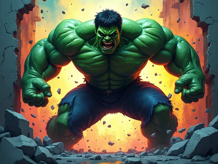 Create a drawing of Angry Hulk, Where I'm breaking a wall and you can see the cracks and with very bright colors, including neons