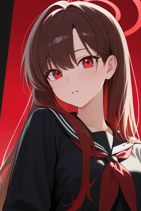 1 girl, Hair length reaches the back, Brown hair and red hair on the edges of the hair, red eyes, but not bright, wear a sexy school outfit, หน้าอกไซส์ปานกลาง, have a red halo