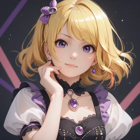 idol stage detailed background, shiny skin, posing, rating safe,
mizusaki, pale skin, yellow hair, medium bob hair, purple eyes, idol girl outfit,