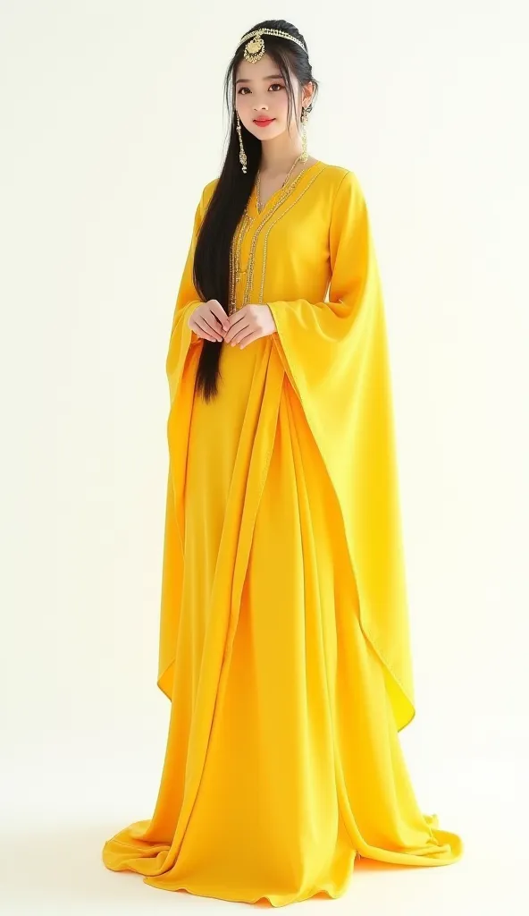 
photography beautiful queen of muslimah in a yellow dress, standing elegant, inspired by Raja Ravi Varma, trending on cg society, beautiful costume Javanese kingdom style, cosmic goddess, full body, yellow shoes, white background, hyperrealistic, HD,