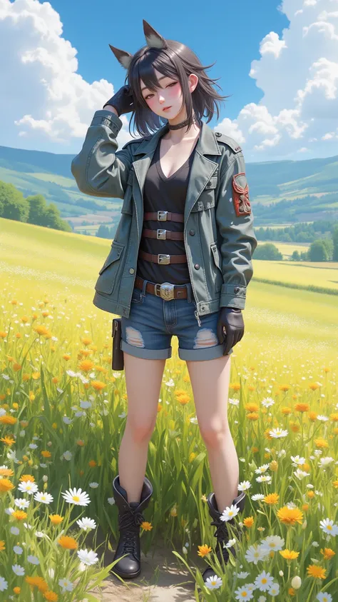 Japanese comics，【32K,  Extra high detail  ，extremely high quality，  A Beautiful Fighter  ，  Wearing a Fitted Battle Jacket ，Punk Vest  ，denim shorts， combat boots   ，  Standing in a Countryside Flower Field ， Hold His Head  ， Eyes closed  ，  Enjoy Everythi...