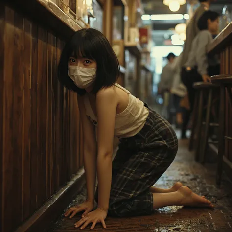  taken from the side,live-action,Front lighting,Middle school girl wearing a white mask,round face, Long Trimmed Bangs, semi-long bob ,dirty white tank top,dirty black plaid pants , rough skin,Dirty Skin,Inside a bright izakaya in Tokyo, kneeling with hand...