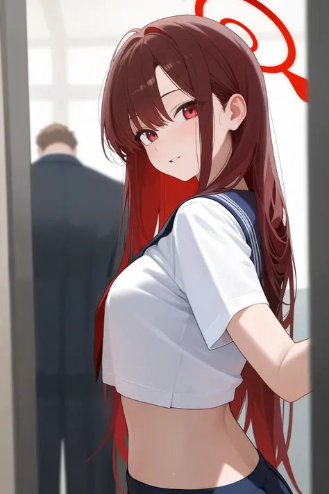 1 girl, Hair length reaches the back, Brown hair and red hair on the edges of the hair, red eyes, but not bright, wear a sexy school outfit, หน้าอกไซส์ปานกลาง, have a red halo