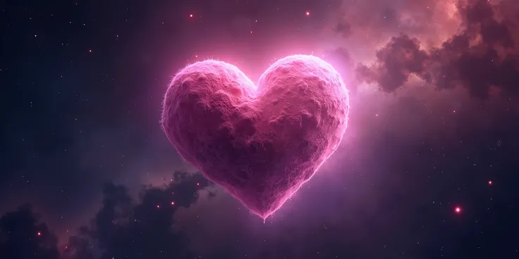 A heart-shaped planet floating in the vastness of space, surrounded by stars, galaxies, and nebulae. The planet emits a soft pink glow, representing love in the universe, with a dreamy, cosmic atmosphere.