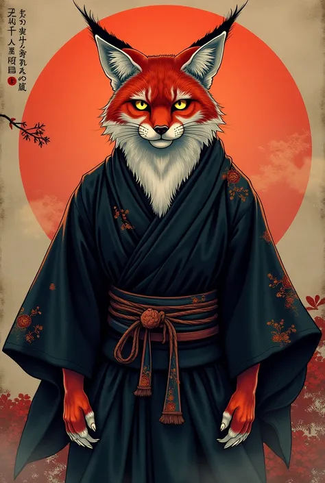 Ukiyo-e: red lynx with black kimono and shadowy aura