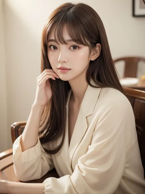  ((  top quality , 8k, Masterpiece:1.3)),  True Light 、(  photorealistic:1.4)、  RAW Photo 、((Korean Style Hair , Chest: 1.2)), ( White wall in the background 、   part of her hair is natural beige  :1.4)、( photos),bangs、  long dress  :1.1,   beige coat  、  ...