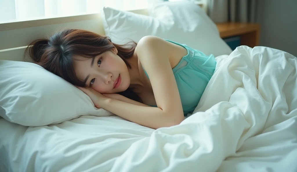    A beautiful Japanese girl of about 25   ，    Sleeps in a warm white bed    ,。 She wears transparent teal pajamas  ,  Distinct mammary gland  ,    She looks soft and dreamy in the dim light    。    A girl of about 25 years old spreads gently on the pillo...