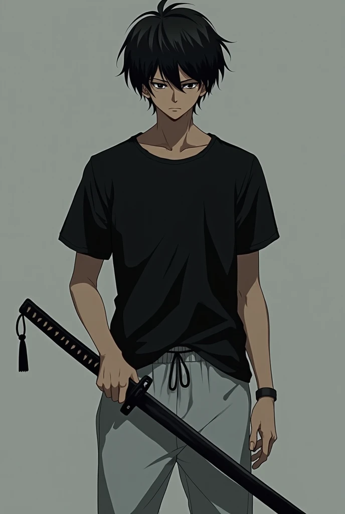 A dark man from anime anime with a medium muscular body 
 Skinny black shirt,  loose fit white sweatpants 
A black Japanese katana 
With black hair black eyes 
With a basic look, a depressed face would be 