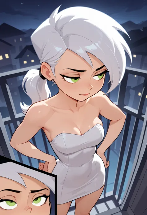 masterpiece,best quality,absurdres, (close-up:1.2), from above, 1girl, dani phantom, petite, medium breasts, hips, ponytail, white hair, green eyes, hand on own hip, white tube dress, slight smile, (half-closed eyes:0.6), strapless dress, sleevless dress, ...