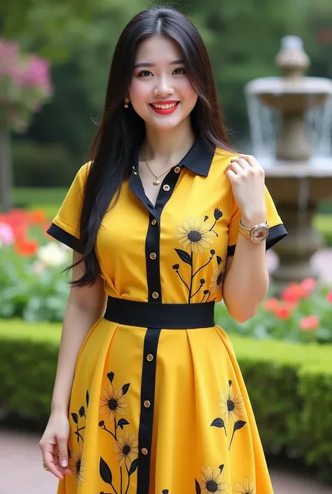 A beautiful Asian woman, chubby but sexy, soft white skin, big hips,medium breast,sweet smile,wearing yellow with black  floral of short sleeve fitted polo flitted balldress with black bottons, with wide black rubber on waist,,yellow brasserie inside,black...