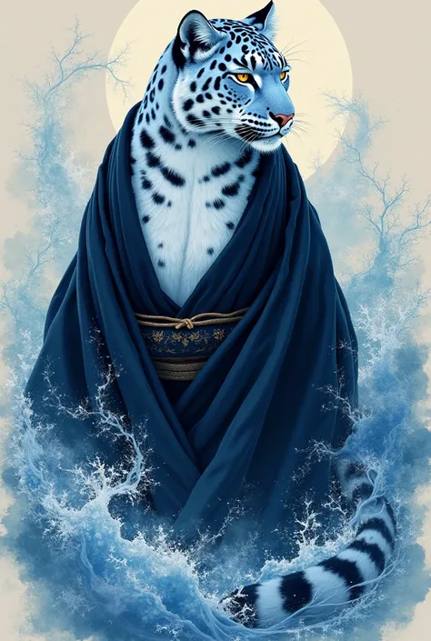 Ukiyo-e: blue snow leopard with black kimono and watery aura