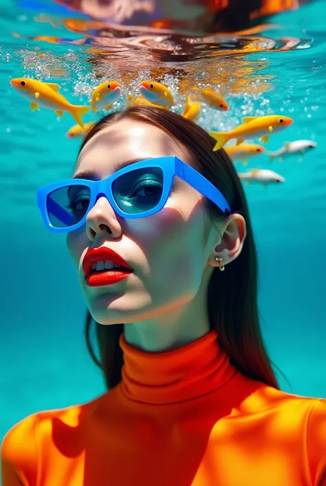 Create a surreal and vibrant underwater portrait of a woman radiating boldness and creativity. Her sleek brunette hair seems to dissolve into the water, replaced by a mesmerizing school of neon-colored fish that swirl dynamically around her head and mouth....