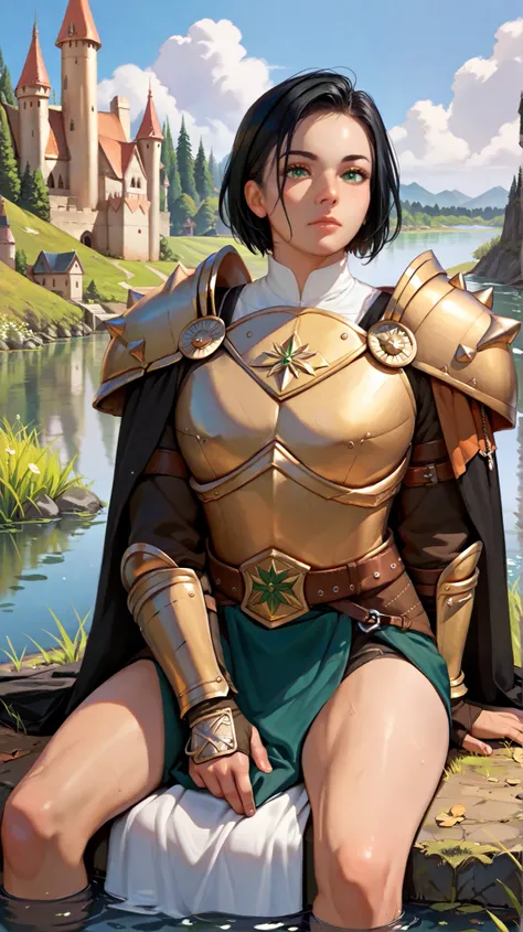  woman, green-eyed,  short black hair,  using a warrior's shoulder pad,  sitting on the edge of a lake, with a view of a castle , Embraced with a black man in armor
