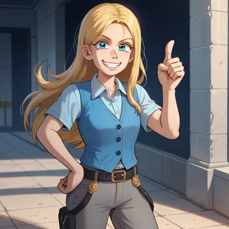  score_9_up, score_8_up, score_7_up, BREAK, JFMstudios, 1girl, solo, white collared shirt, blue vest, black belt, gray pants, black shoes, blue eyes, eye lashes, blonde hair, smile, hand on hip, short sleeves, long hair, thumbs up 