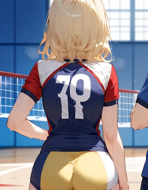 Score_9,Score_8_up,Score_7_up,highest quality, source_anime, highest quality, BREAK 1 girl, cute, 28 years old, (curvy), (medium hair:1.2), bangs, (light yellow hair:1.3), (large breasts:0.9), close up, volleyball uniform, (sweat:1.2), (wipe sweat:1.3), su...