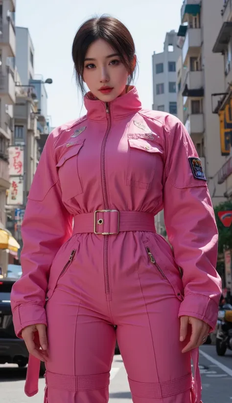 a tall muscular female ninja warrior in a pink military spacesuit, standing on a city street, kung fu masterpiece, overweight, big muscles, smirking, detailed face, 8k, high quality, photorealistic, chiaroscuro lighting, dramatic shadows, vibrant colors, d...