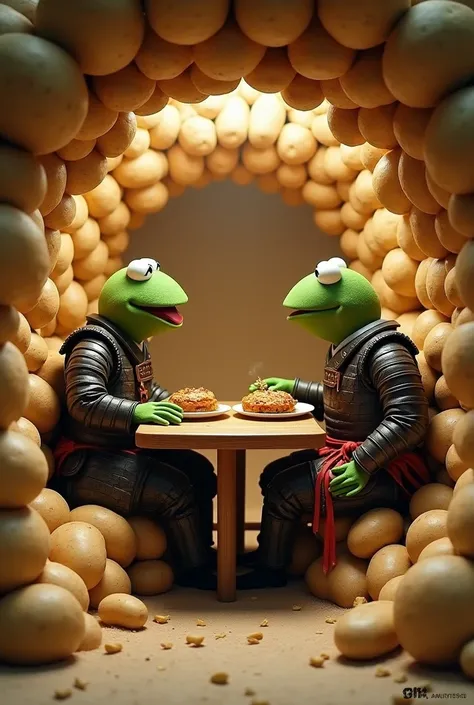 A large igloo made of hundreds of small potatos, with a Japanese Samurai and Kermit the Frog inside, seated at a table, eating a large meat pie.