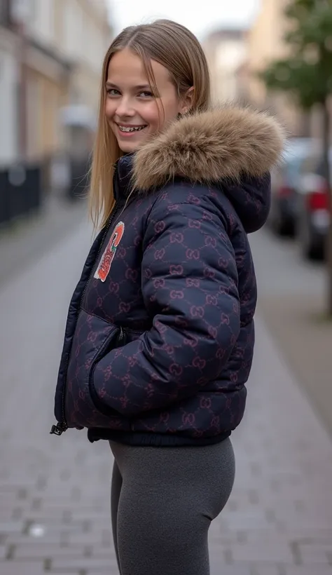 Backside diagonally photo from side behind of a sweaty hot wet cute beautiful sunkissed tan tanned blonde darkblonde longhaired furtuned dutch spanish young posing age femboy wearing dull canvas darkblue and plum gucciprint cropped short puffer jacket. Hug...