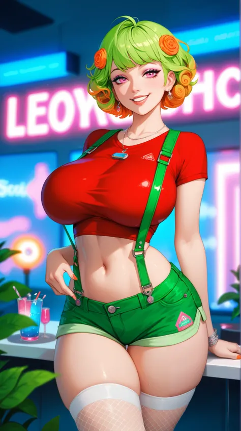 posing, red tight top, acid-green short shorts with suspenders, smile, seductive look, pink eyes, beautiful expressive eyes, soft green short silky hair with orange tint and red curls, makeup, lush huge breasts, juicy thick thighs, white fishnet stockings,...