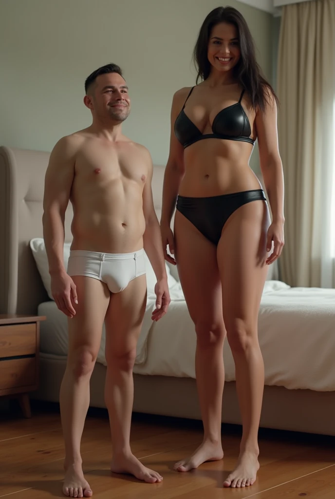 Timmy is a short skinny midget man with bad posture wearing white underpants standing barefoot in a bedroom next to a huge white muscular giantess woman wearing a black bra and panties, extreme contrast in height between the two people, hyper-realistic, un...