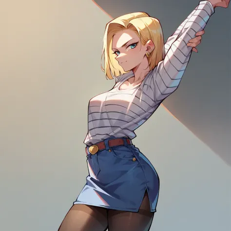 Android 18 slowly lifts her skirt, exposing her silky black tights stretching taut across her thighs. She smirks, Like what you see